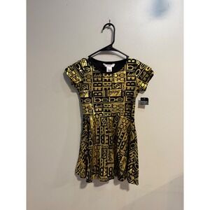 Bebe Girls Black Gold Metallic Logo Print Fit Flare Dress Size 8 NWT